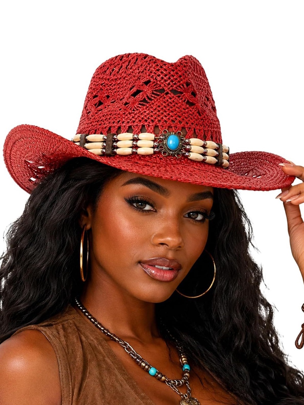 Red Straw Western Sun Hat with Beaded Turquoise Accent